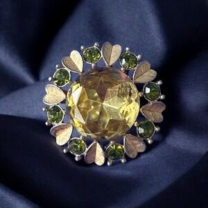 Vintage Avon Sunburst Gold Tone Brooch Pendant Green Rhinestone Heart Pin